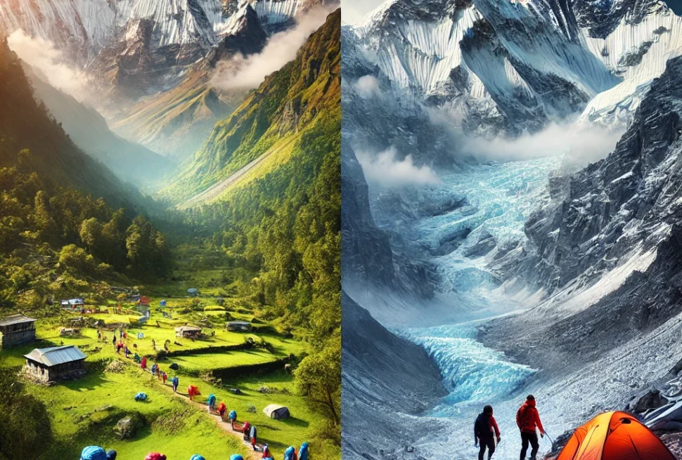 DALL·E 2024 12 19 17.08.36 A split image comparison of Annapurna Base Camp and Everest Base Camp. The left side shows the stunning Annapurna Base Camp featuring trekkers walkin